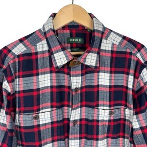 Orvis Mens L Tall Flannel Shirt Button Up Plaid Long Sleeve Red Navy White Suede